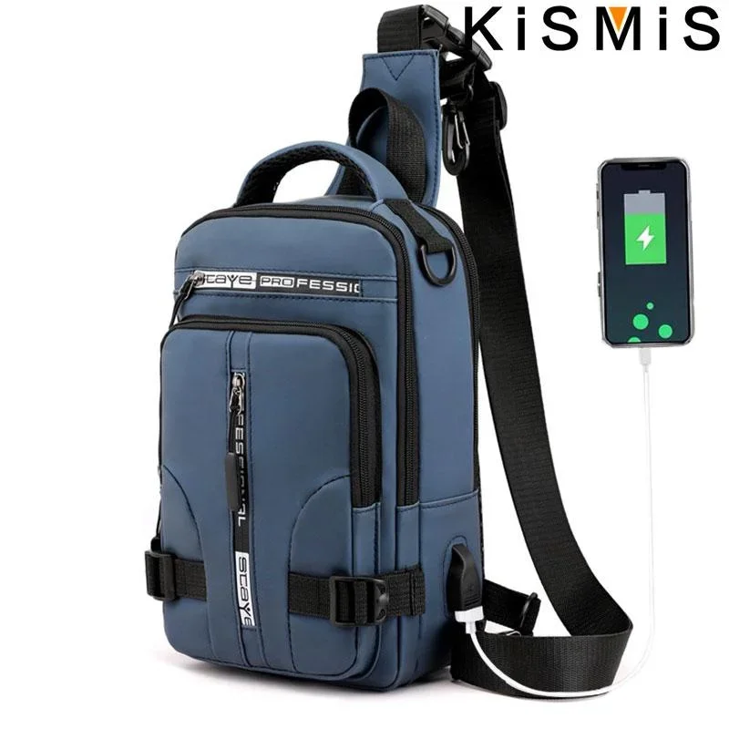 KISMIS Nylon Rucksack Rucksack Cross Body Umhängetasche mit USB Lade Port Reise Männlichen Rucksack Daypack Messenger Brust Taschen – Detail 1