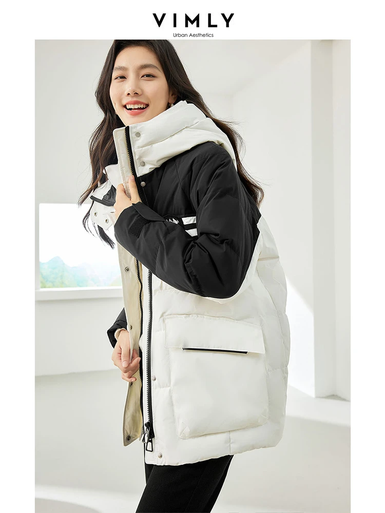 Vimly 2023 Winter Contrast Hooded Zipper Down Jackets Striped Straight Stand Collar Warm Long Down Coats Women's Outerwear 50637