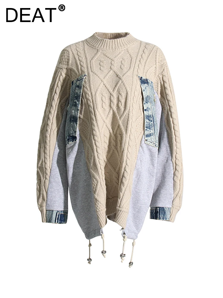 

DEAT Women's Knitting Sweater Long Sleeve Loose Patchwork Denim Drawstring Irregular Pullover 2024 Spring New Fashion 29L2784