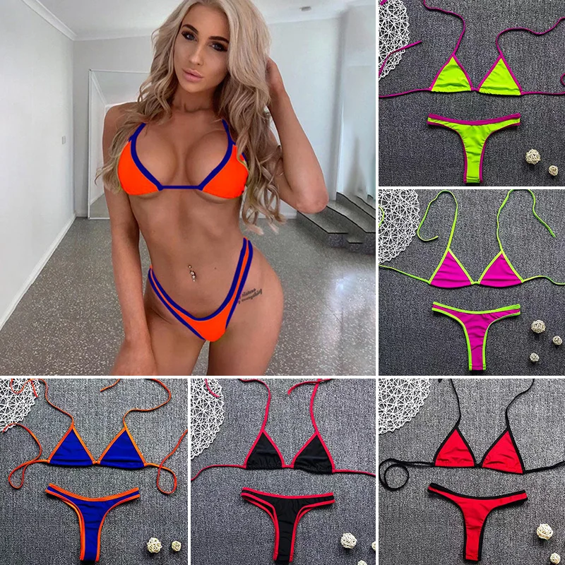 

2Pcs/set Sexy Bikini Summer Women Candy Color Swimsuit Lace up Bra G-String Thong Beach Bikini Pool Party Brazilian Bathing Suit