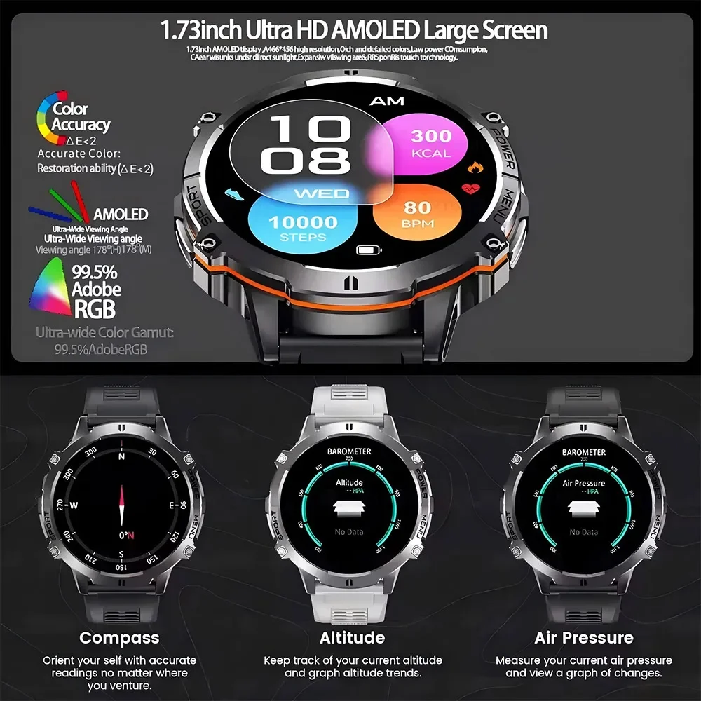 2026 Military TANK X3 Smart Watch Men 1.73" AMOLED Screen 5ATM Waterproof 1000mAh Battery GPS Sports Fitness Track Smart Watches 5