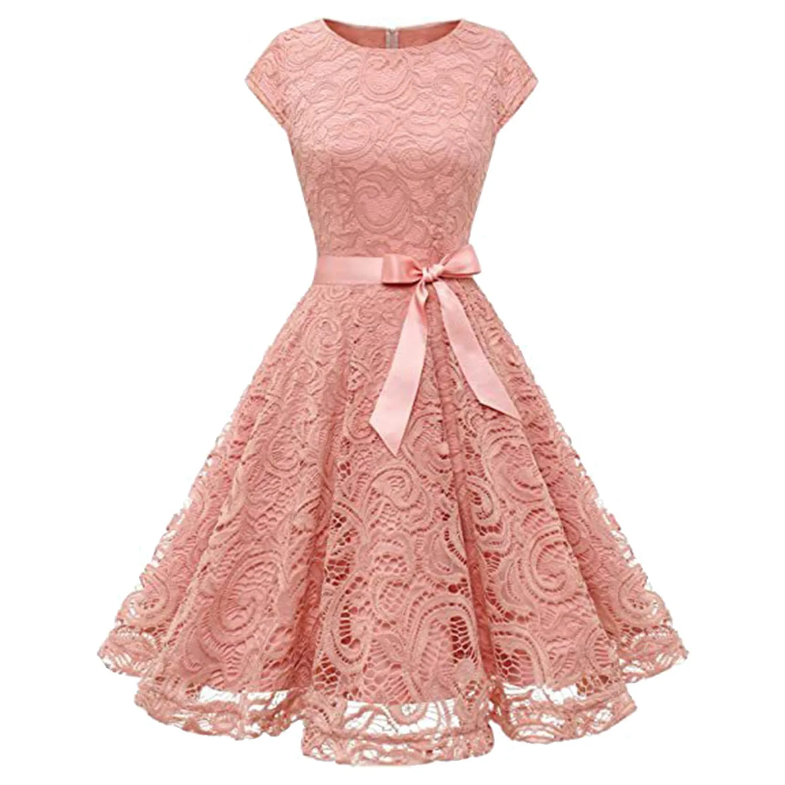 

Women'S Vintage Elegant Lace A-Line Flare Dress Bow Tie O Neck Big Swing Sexy Casual Dresses Retro Lady Vacation Party Night