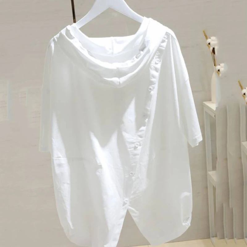 

White Cotton Drawstring Hooded Short Sleeve T-shirt 2022 Summer Loose Casual Plus-size Women's Sweater Hoodie Pullover Tops