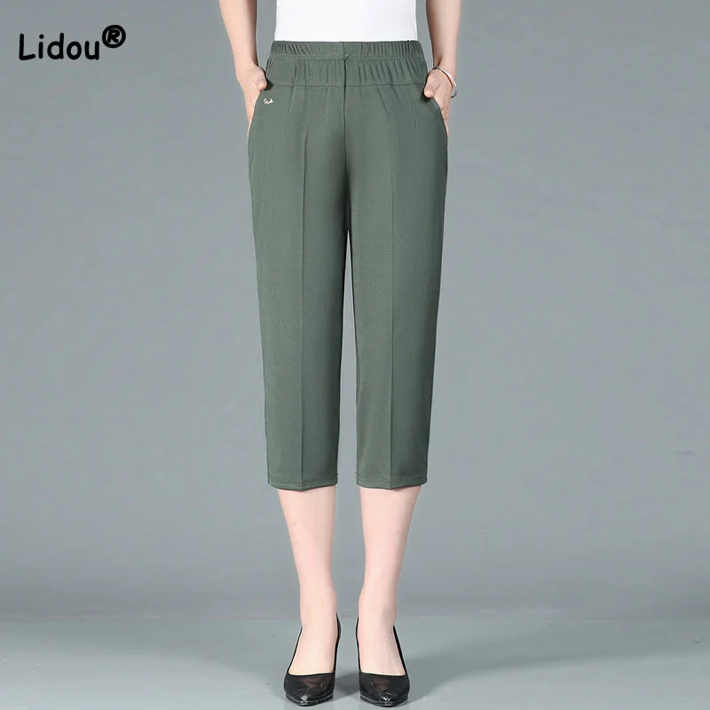 

2023 Simplicity New Summer for Women Elastic High Waist Trousers Casual Solid Color Pockets Loose Seven Points Straight Pants