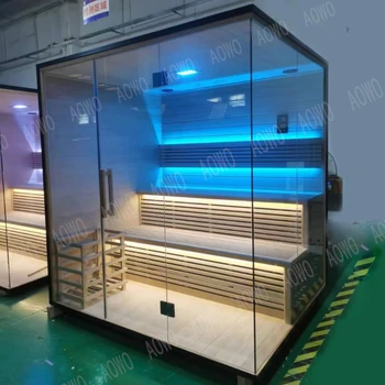 ห้องซาวน่าสี่เหลี่ยมทรงกระท่อมไม้แคนาดาพร้อมหินตกแต่ง ซาวน่าอบแห้งแบบไอน้ำ และซาวน่าแบบตุรกี พร้อมรีโมทกันน้ำ 1