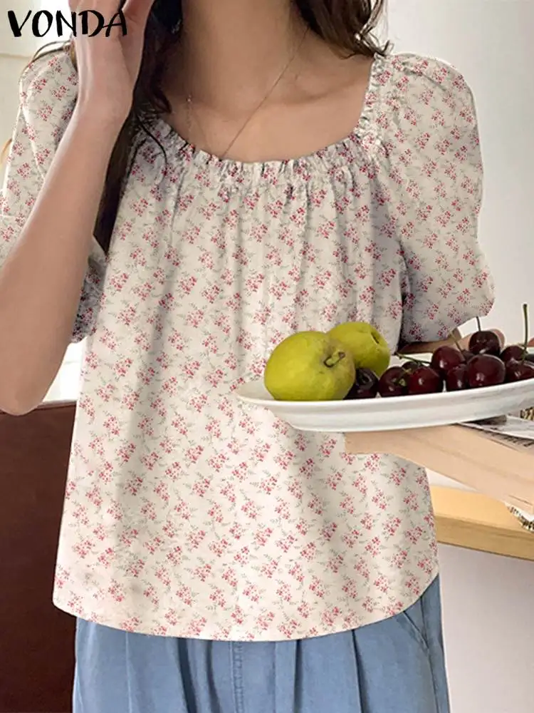 

Women Shirts Fashion Puff Sleeve Square Neck Blouse Sexy Summer Bohemian Tops 2023 VONDA Casual Loose Beach Blouse Oversized