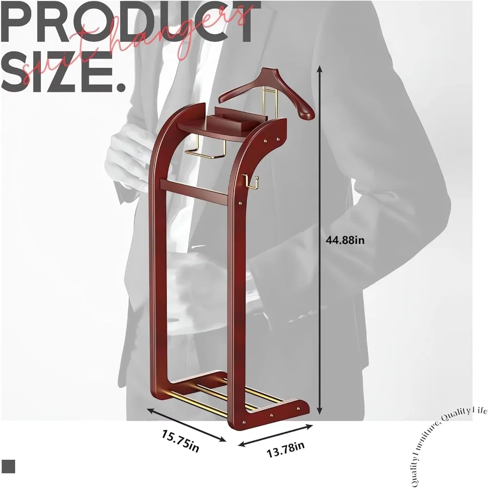 suit valet stand for men and women, wood clothing valet stand suit with contour hanger, tray, trouser bar, tie bar and shoe rack