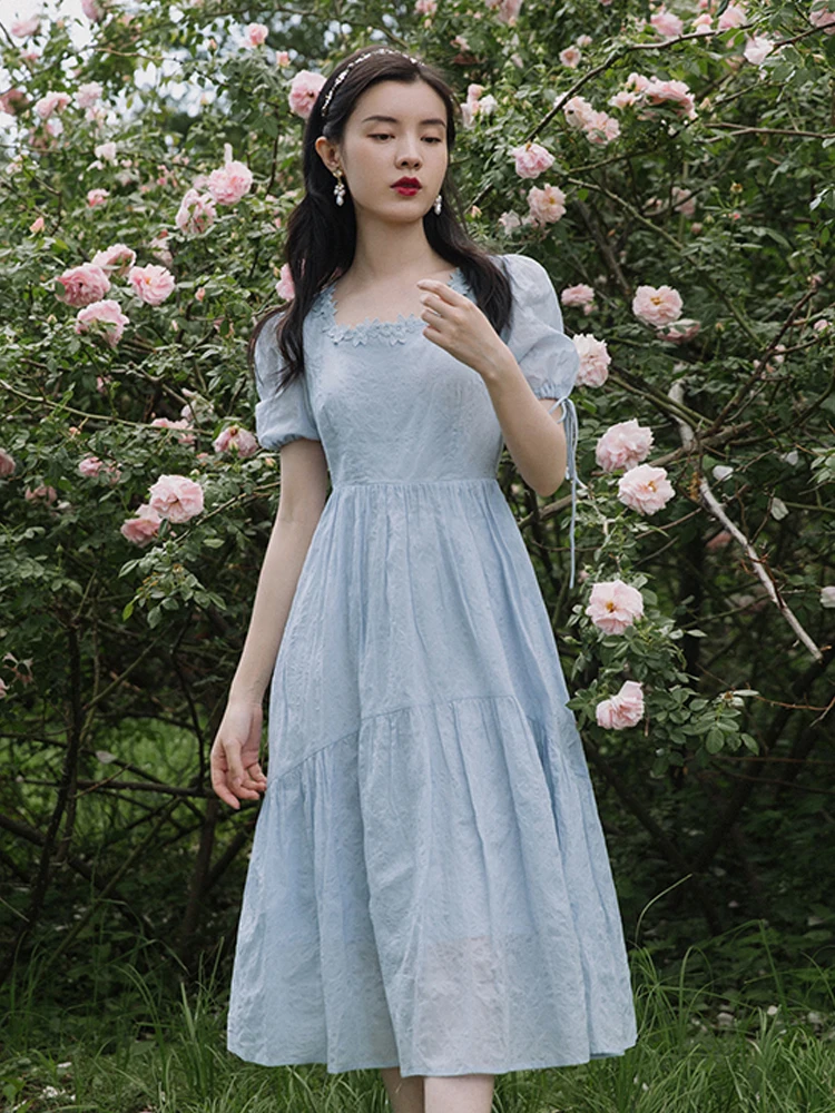 

Summer new women's vintage palace style square collar bubble sleeve back with long blue dress boho travel holiday dress