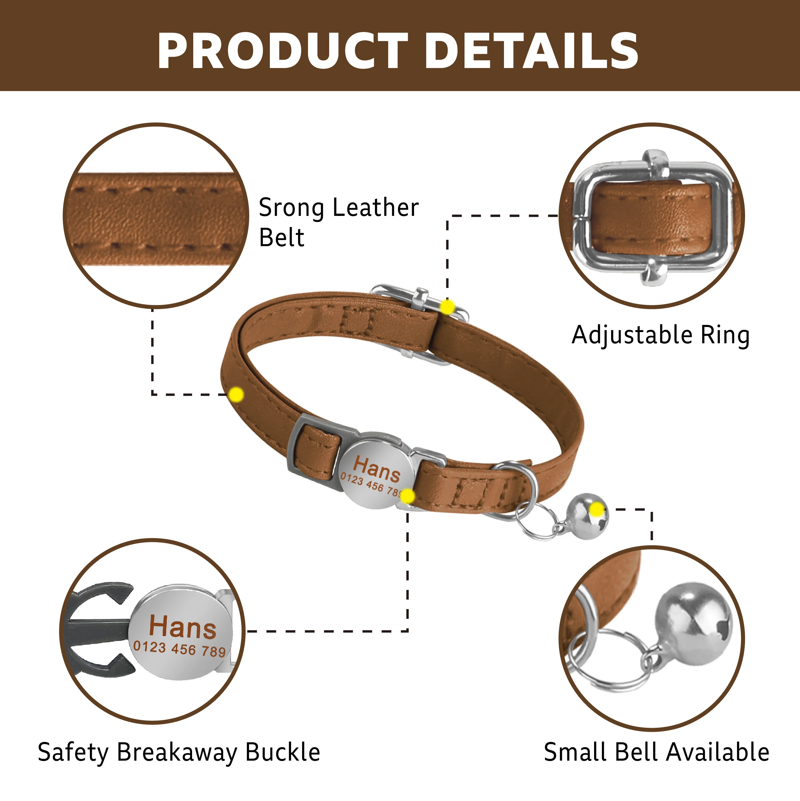 Safety Breakaway Anti-lost Cat Collar Engraveing Personalized  Leather Collars With Free Name Bell Pet Cats Accessories 3