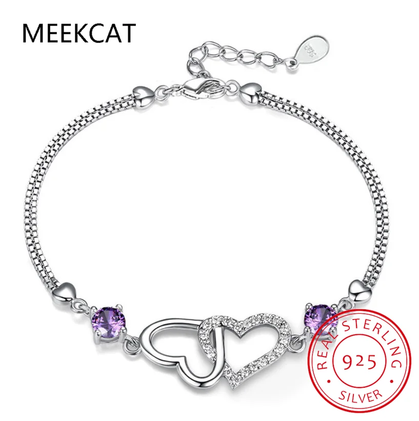 Bracciale A Doppio Strato In Argento Sterling 925 Barbie Purple Heart Collegamento A Catena Regolabile Per Le Donne Regalo Di San Valentino Bsb152