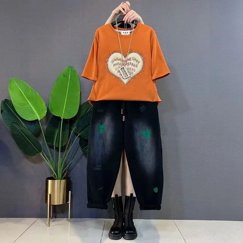 Summer New Large Women's Wear Old Round Neck Retro T-shirt with Drawstring Elastic Waist Love Jeans Casual Set