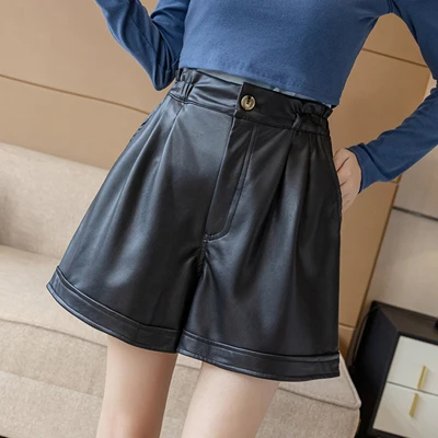 PU Leather Short Pants Womens Shorts Autumn Winter Korean Loose Elastic High Waist Wide Leg Woman Shorts Pantalon Corto Mujer bape shorts Shorts