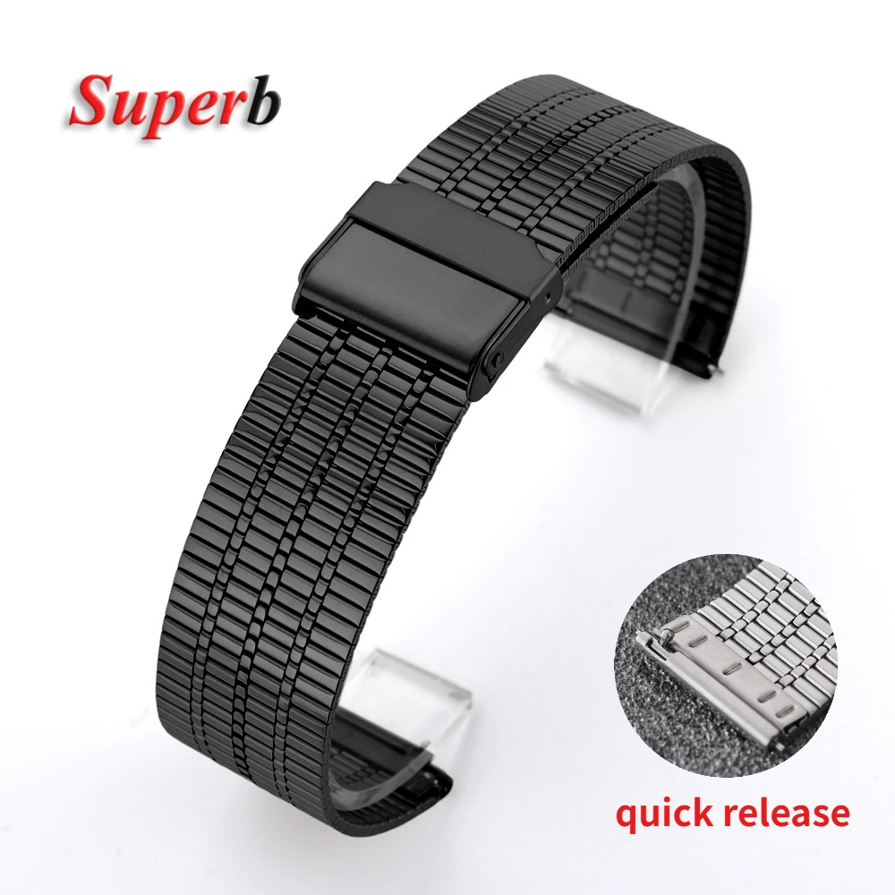 Slim Stainless Steel Watch Band with Quick Release and Double Safety Buckle