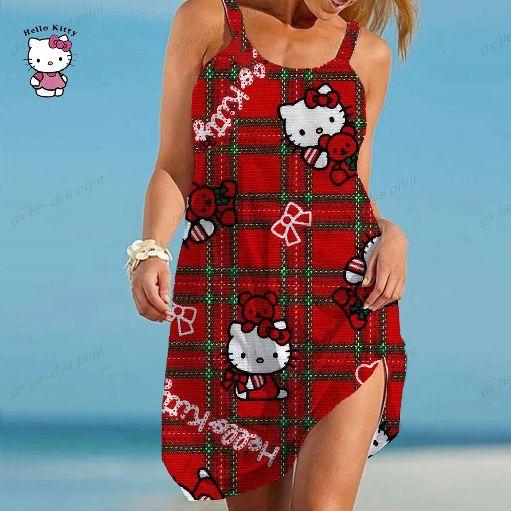 

Summer Dresses for Women 2023 Loose Fit High Waist V-Neck Vestidos Cami Strap Hello Kitty Print Casual Women Mini Dress