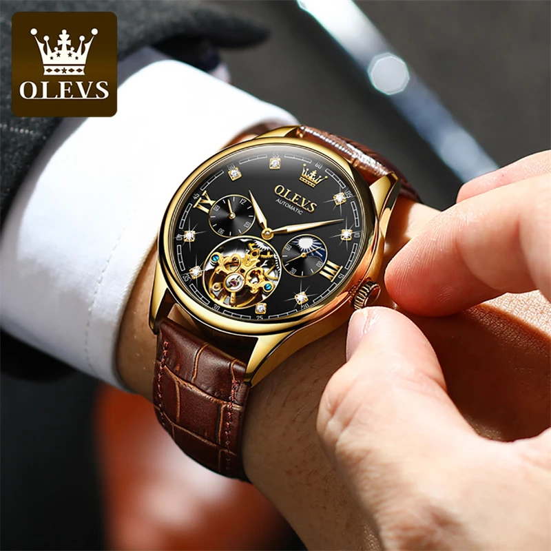 OLEVS Brand New Fashion Tourbillon Mechanical Watch for Men Leather Strap Waterproof Luxury Diamond Moon Phase Mens Watches