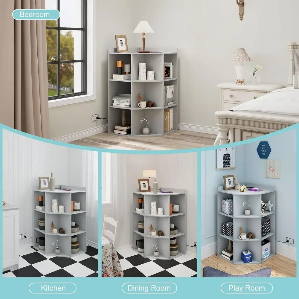 Kids Corner Bookshelf,9 Cubbies Corner Cabinet Wireless Charging with USB Ports and Outlets,Wooden 3-Tier Corner Bookcase 4