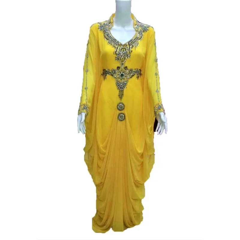 Giallo Dubai Farasha Abaya Kaftan Abito Islamico Abito Lungo Arabo Fancy Dress