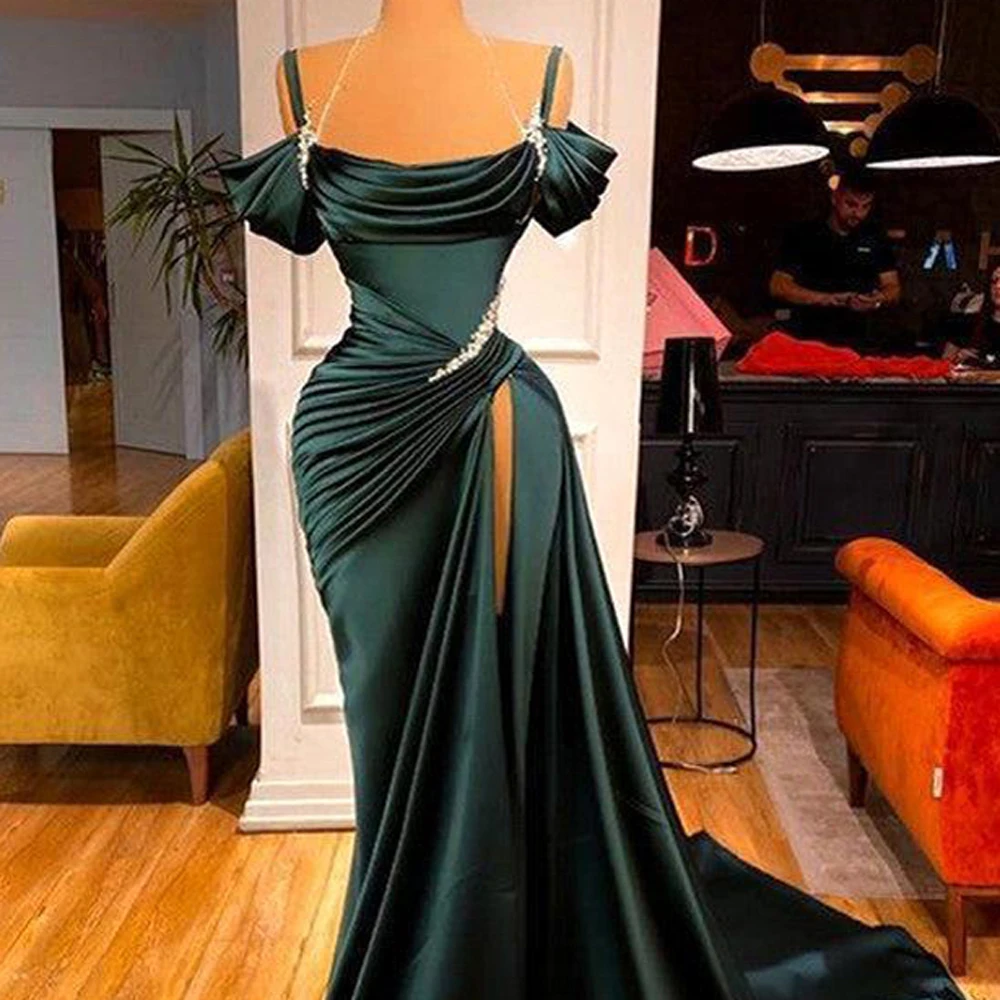 Vintage Dark Green Satin Evening Dresses Scoop High Split With Pleat  Crystal Off The Shoulder Strapless Mermaid Formal Occasion