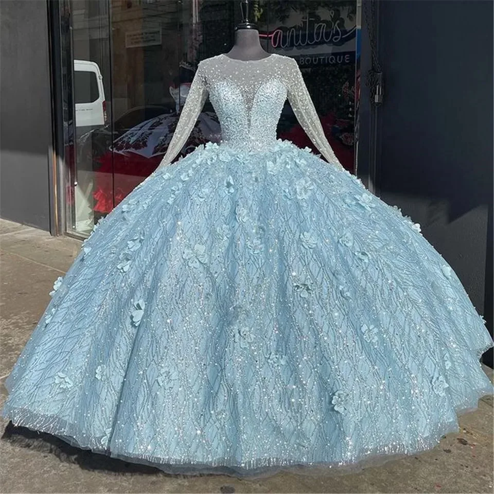 

Реальное изображение, блестящие яркие синие платья для Quinceanera с круглым вырезом и длинным рукавом, кружевные блестящие цветы, милые 15 Бальные платья, женское платье принцессы