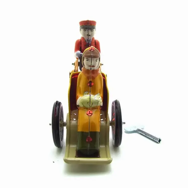 [Funny] Adult Collection Retro Wind up toy Metal Tin rickshaw tricycle driver car Clockwork toy figure model vintage gift