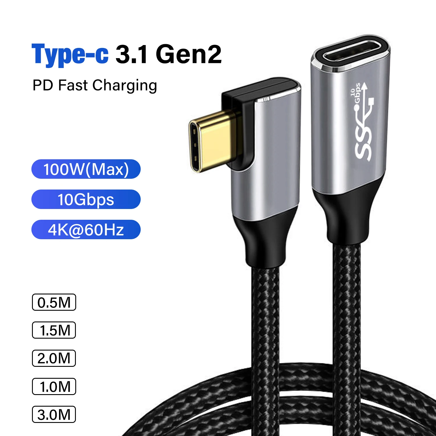Gold Plated 5A USB C Extension Cable Type C 3.1 PD100W Fast Charging ...