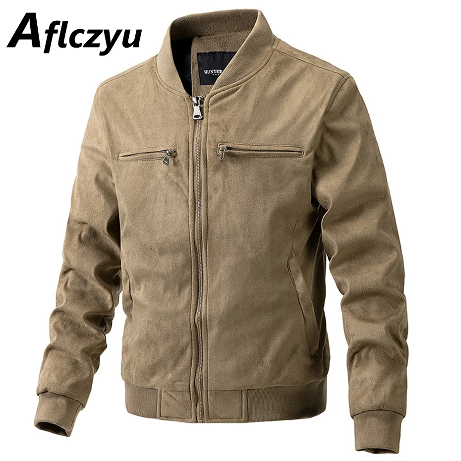 Suede Jacket Men Spring Autumn Baseball Jacket Fashion Casual Varsity Coats Male Vintage Military Coats Khaki Green Black luxury brand cowskin pin buckle khaki fashion high quality genuine leather fancy vintage young male jeans cintos masculinos