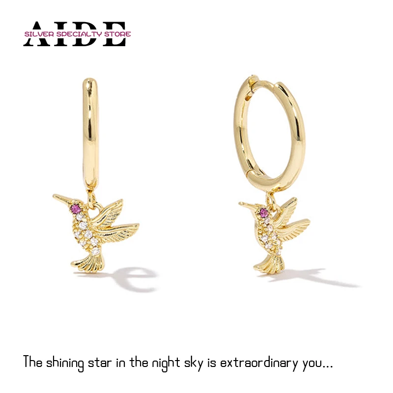 

AIDE 925 Silver Sparkling Zircon Hummingbird Charm Hoop Earrings For Women Piercing Chains Huggie Earring Jewelry Gifts Aretes