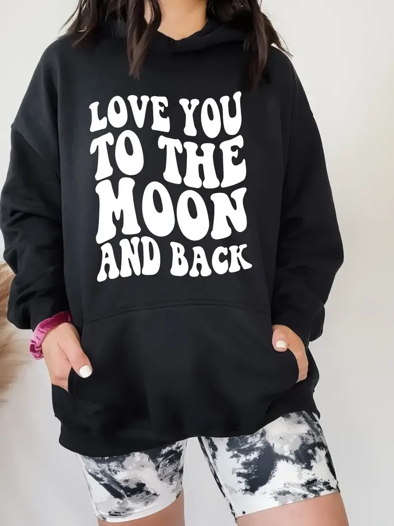 Love You To The Moon And Back Letter Print Solid Color Hoodie Pullover Kangaroo Pocket Active Hooded Sweatshirt Women Clothing