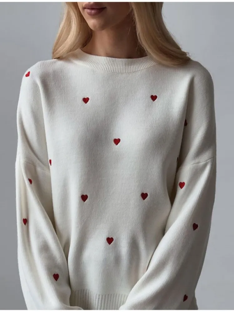 

Love Print Contrast Pullover For Women Chic O-neck Long Sleeve Ruched Hem Jumper Versatile Soft Sweet High Street Sweater 2023
