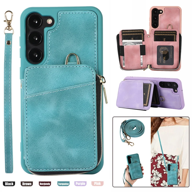 

Half-zip Lanyard Leather Wallet Card Phone Case for Samsung Galaxy S23 Ultra S22 Plus S21 FE S20 Shoulder Strap Holder Cover Bag