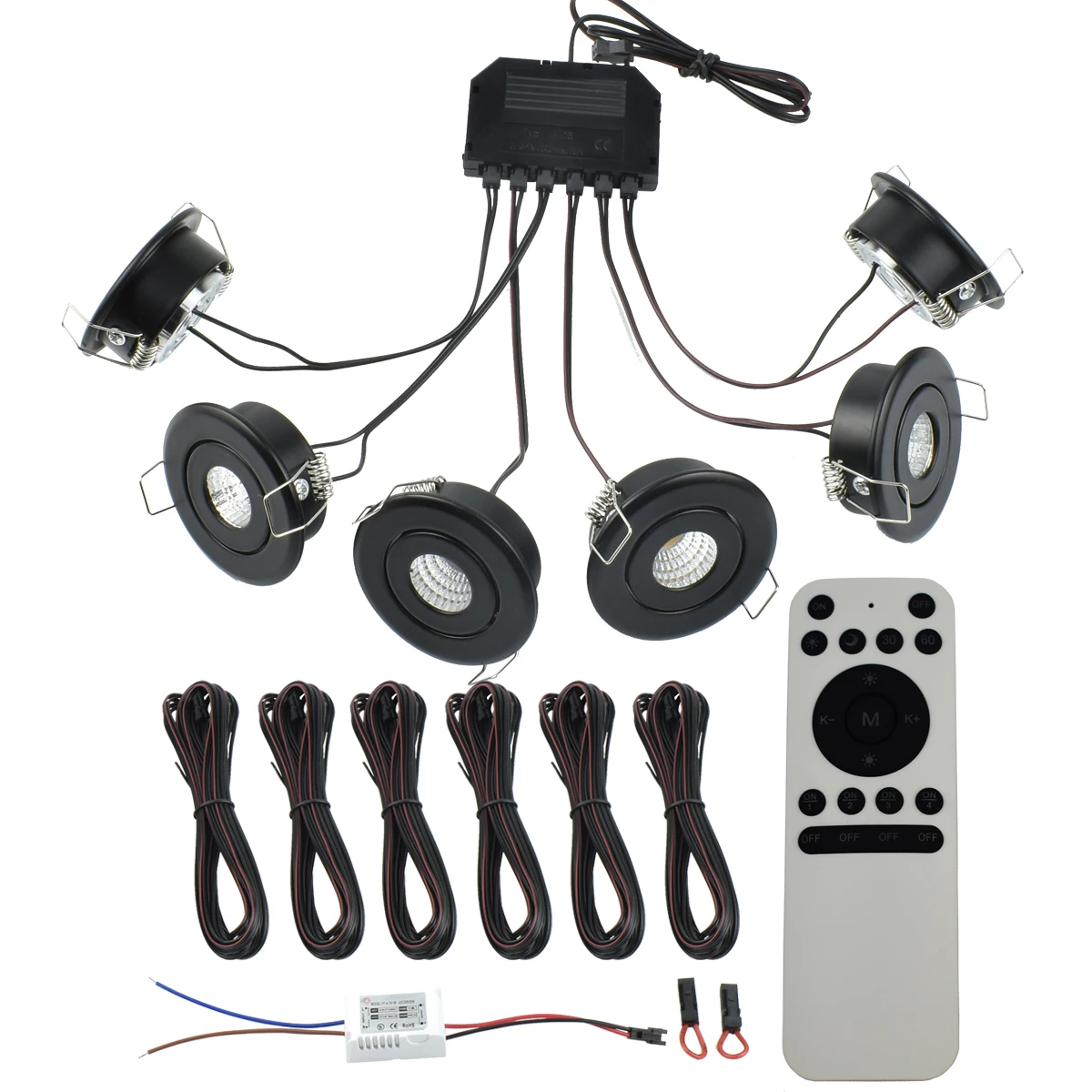 A Group of 18W (6*3W) Small Ceiling LED Spot Light Downlights Dimmable Remote Controller Opening 40mm 6pcs 4m Extension Wires