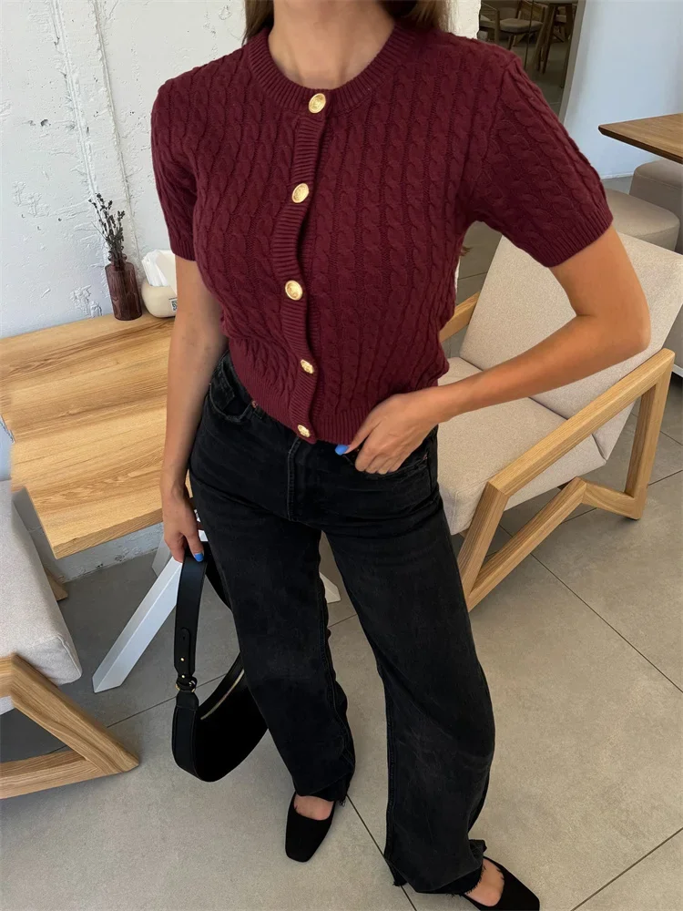 Patchwork Ribbed Knit Cardigan For Women Short Sleeve Fashion Slim Twist Solid Commute Autumn Sweater Knitwear Cropped Top