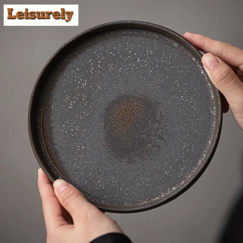 Coarse Pottery Antique Round Fruit Dishes Japanese Pastry Plate Appetizer Serving Platter Household Serving Tray Supplies Gift