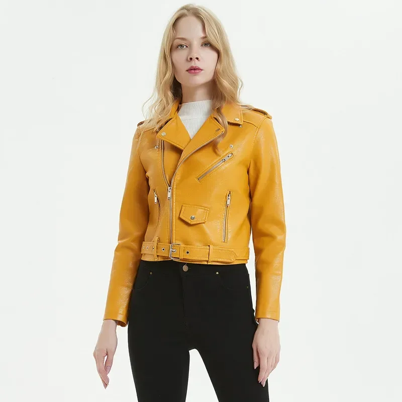 

Yellow Autumn Women Pu Faux Leather Moto Jacket Short Lapel Motorcycle Jacket with Belt Red Wine Girls Coat Big Size Streetwear