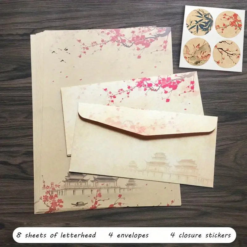 Classic Vintage Stationery Set 16 pcs 8 Papers 4 Envelopes 4 Stickers kraft paper envelopes,mailing envelopes