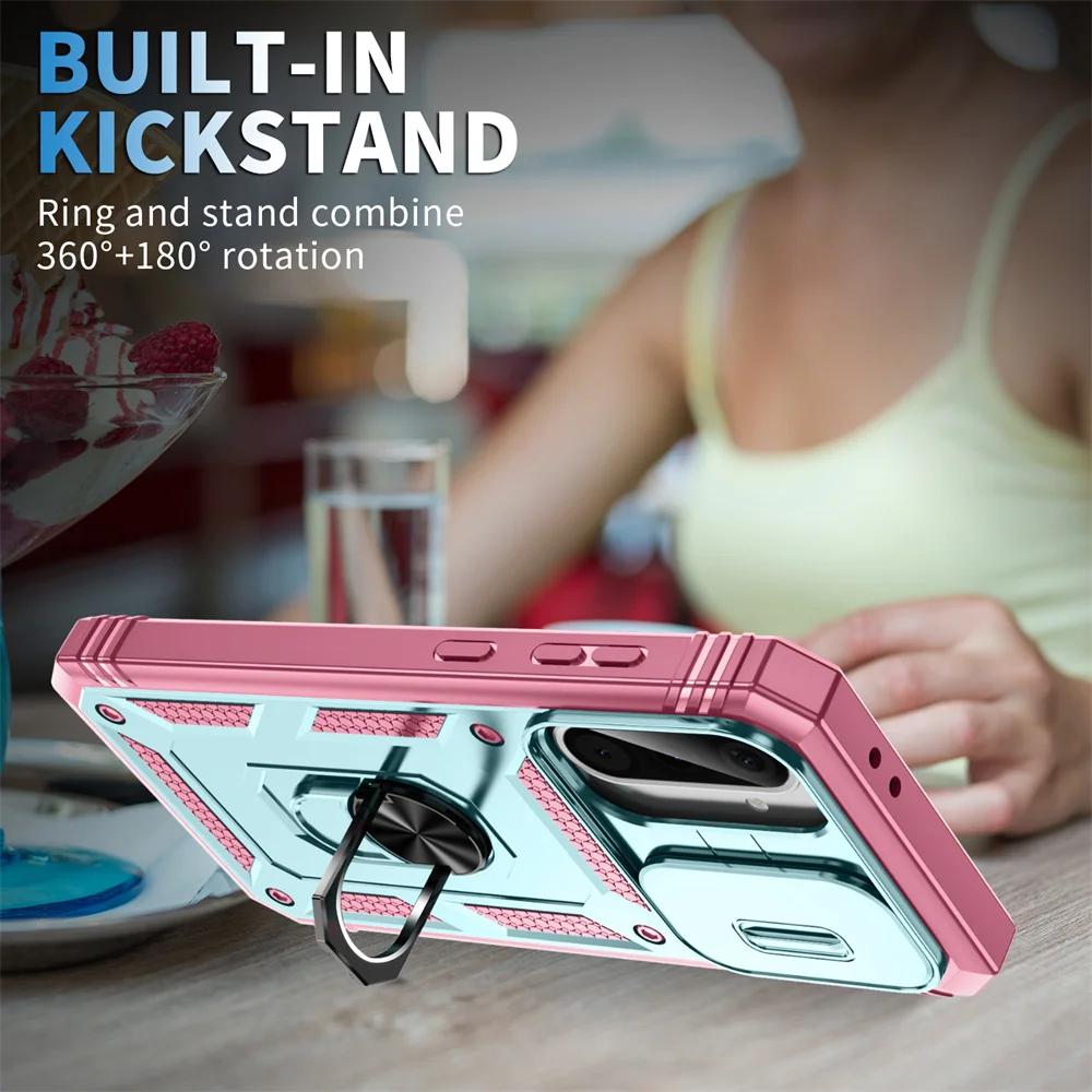 360° Rotating Ring Holder Phone Case with Slide Camera Protection and Kickstand Functionality