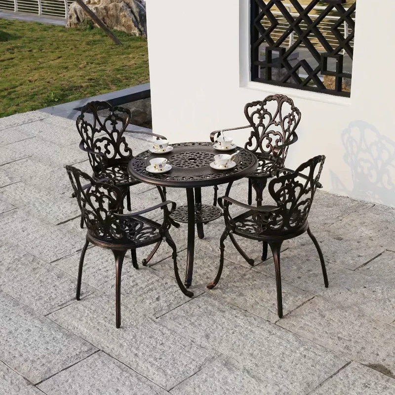 Outdoor Cast Aluminum Tables And Chairs Courtyard Garden Hotel Urniture Terrace Combination Metal Round Patio Table