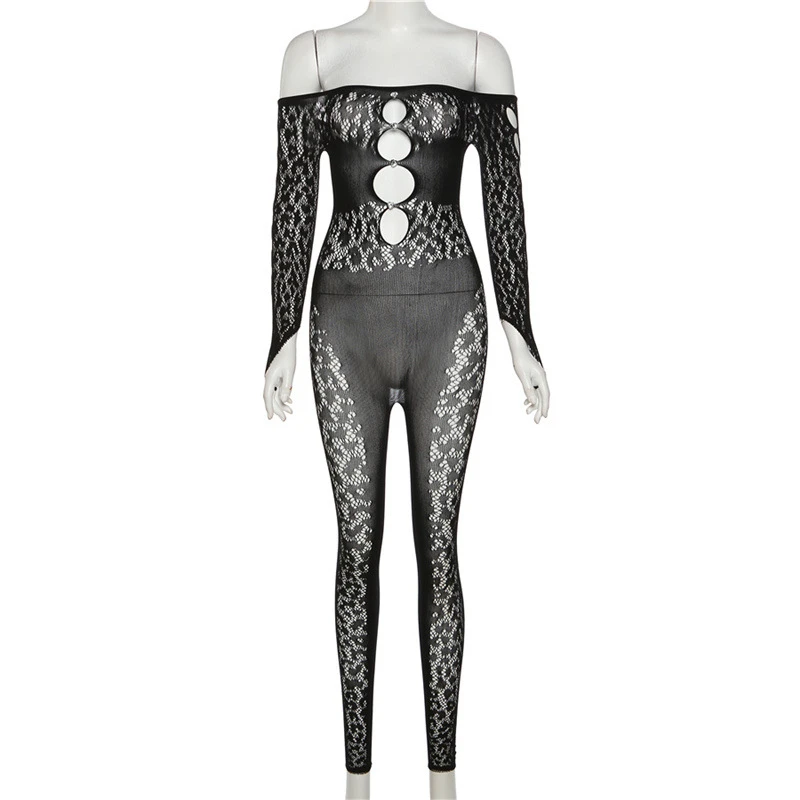 Hollow Out Jacquard Mesh Jumpsuit Women Sexy Rhinestone Buttons See Through Slash Neck Off Shoulder Long Sleeve Skinny Overalls