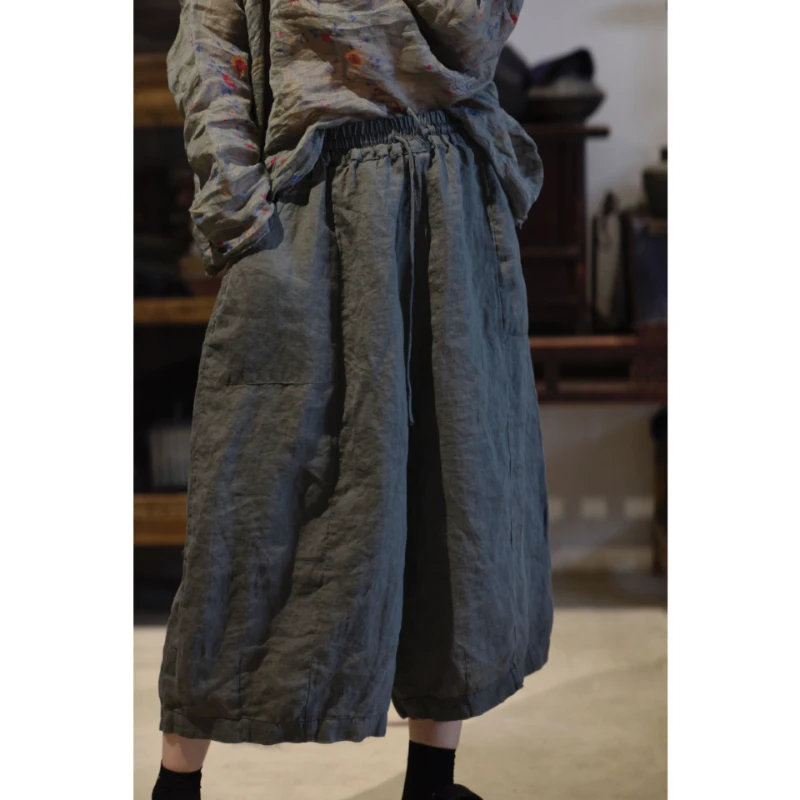 

Women Causal Vintage Ramie Wide Leg Pants Elastic Waist String New Spring Trouser 2023 Retro Spring Summer Loose Women Pants