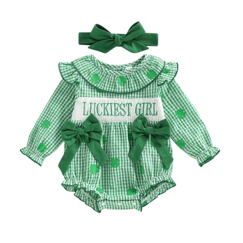 0-18 mesi neonato ragazza abiti irlandesi manica lunga lettera ricamo pagliaccetto con fascia set vestiti neonato