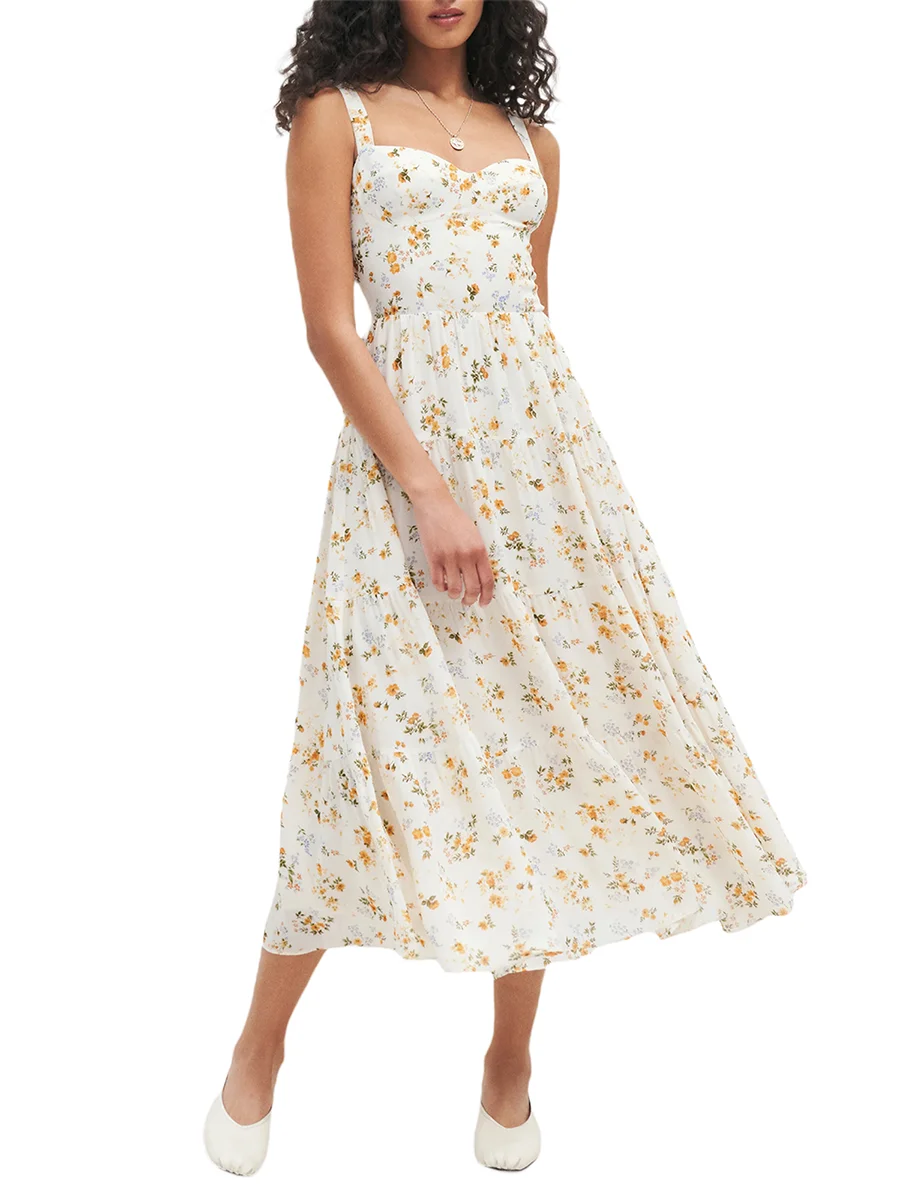 

Women Elegant Long Dress Sleeveless Sweetheart Neck Floral Maxi Dress Backless Flowy Beach Dress Summer Partywear