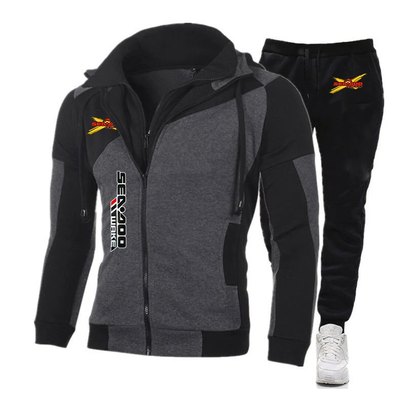 Spring and autumn 2023 Sea Doo Seadoo Moto Logo printed hoodie suit fashion diagonal zipper patchwork hip-hop hooded jacket+soli
