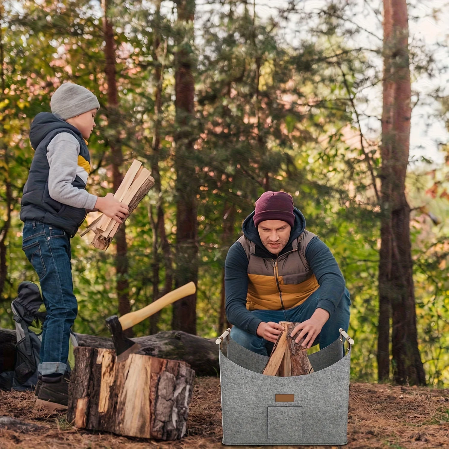 XXL Foldable Firewood Basket with Fleece Lining & Wooden Handles 2