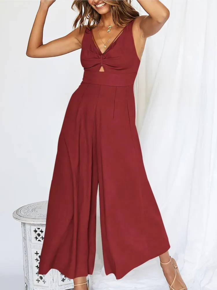 

2023 Summer Fashion Solid Slim Pockets High Waist Rompers Women Sexy Backless V-neck Hollow Sleeveless Elegant Wide Leg Jumpsuit