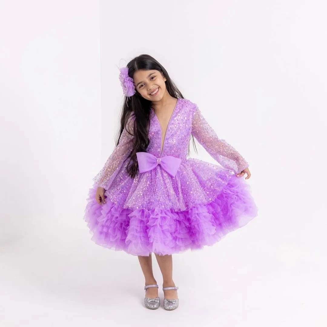 

Purple Ball Gown Flower Girl Dresses Sequins Long Sleeves Kids Birthday Gowns Knee Length Tiered Ruffles Kids Pageant Dresses