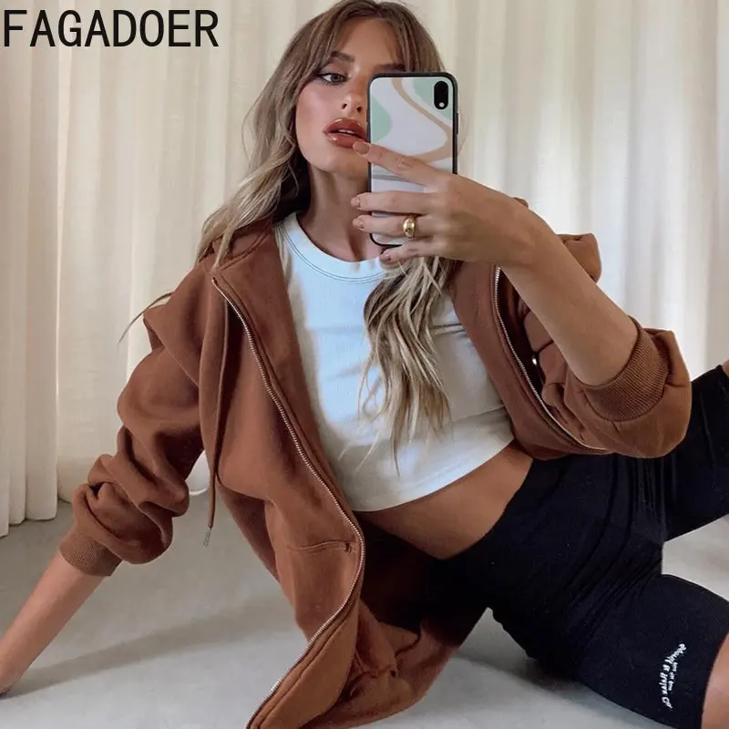 FAGADOER Casual Zipper Hooded Long Sleeve Coat Women Solid Color Loose Sport Clothing Spring New With Pocket Top 2023 Streetwear