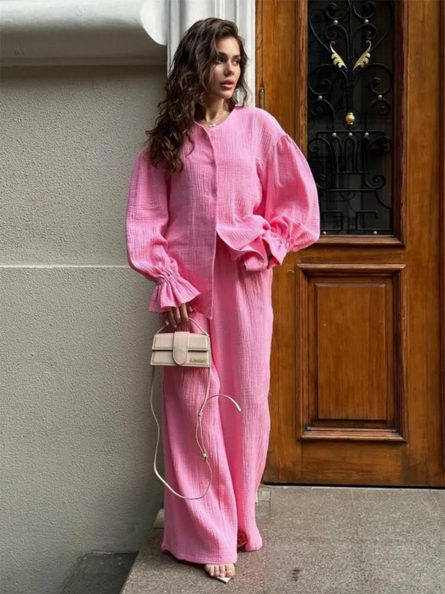 Bornladies Women's New 2025 Autumn Cotton Lantern Sleeve Long Sleeve Set Loose Cardigan Wide Leg Pants 2-Piece Set