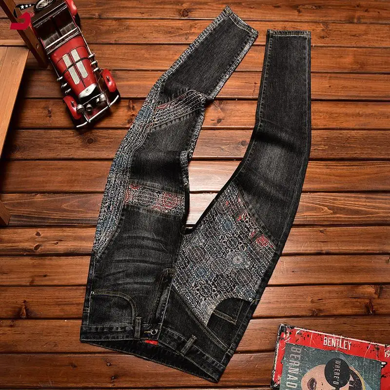 Stitching Embroidered Jeans Men's Contrast Color Fashion Stretch Slim Fit Skinny Personality, Trend, Fashion Motorcycle Trousers 2