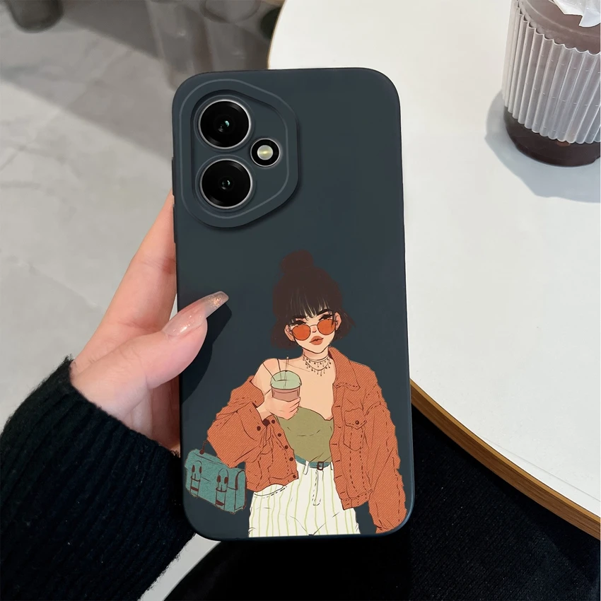Fashionable Cool Girl Pattern Shockproof Phone Case with Smooth Liquid Silicone and Screen Protector