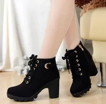 Winter  High Heeled Women Boots Cross Straps Short Boots Comfortable Waterproof Boots Warm Plus Size 42 Botas Femininas 1